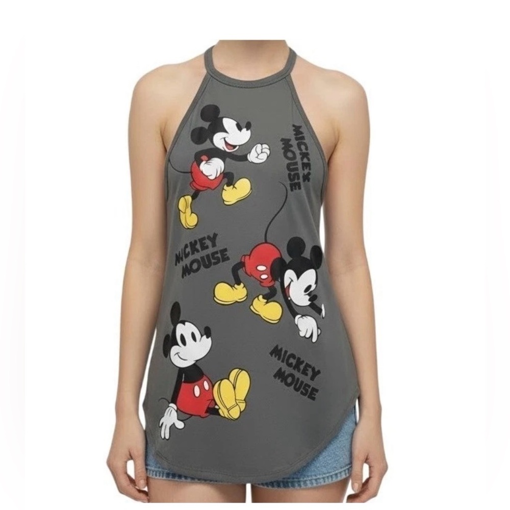 Disney Tank Top XL Charcoal Gray Racerback Mickey Mouse Print High Neck